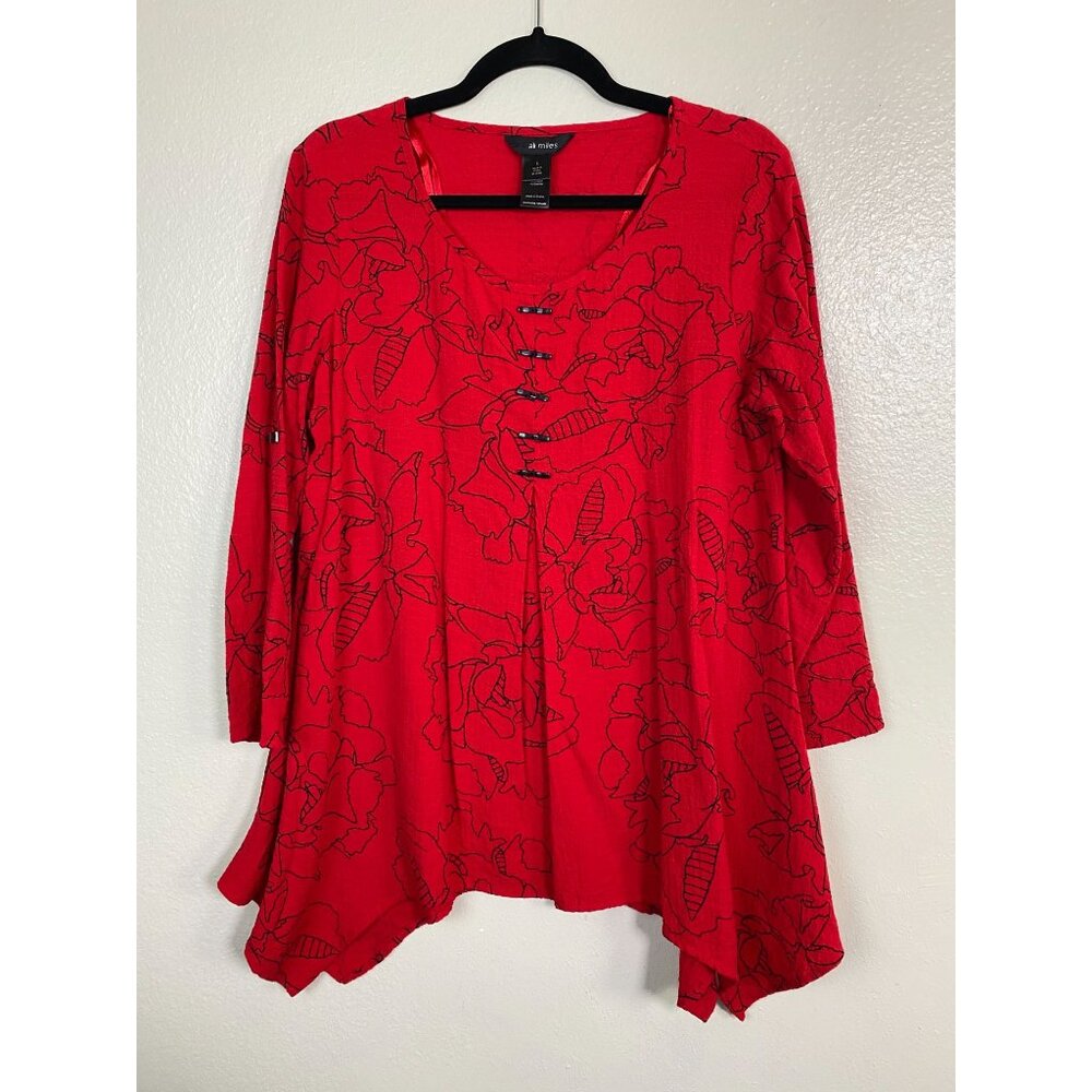 Ali Miles Red Floral Asymmetrical Tunic Top size Small Lagenlook Boho